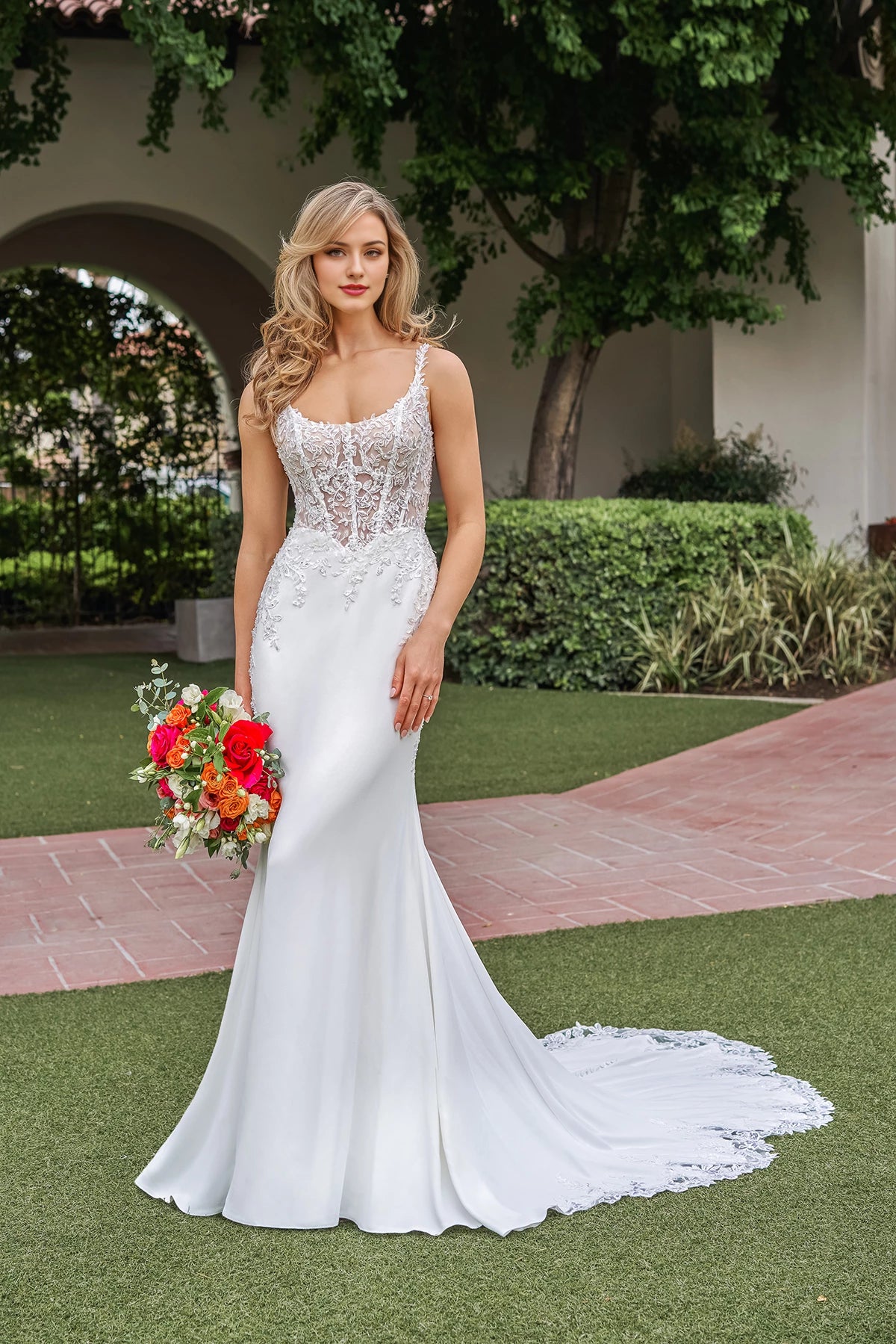 Square neckline off shoulder sleeveless lace floral patch backless and floor length wedding dress